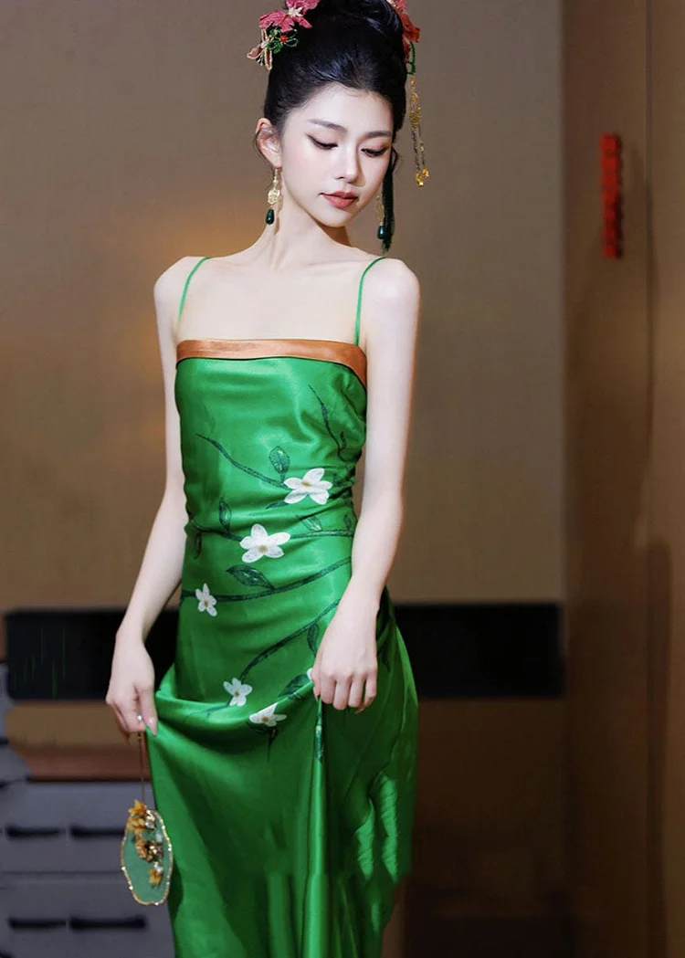 Unique Green Print High Waist Silk Slip Dress Summer