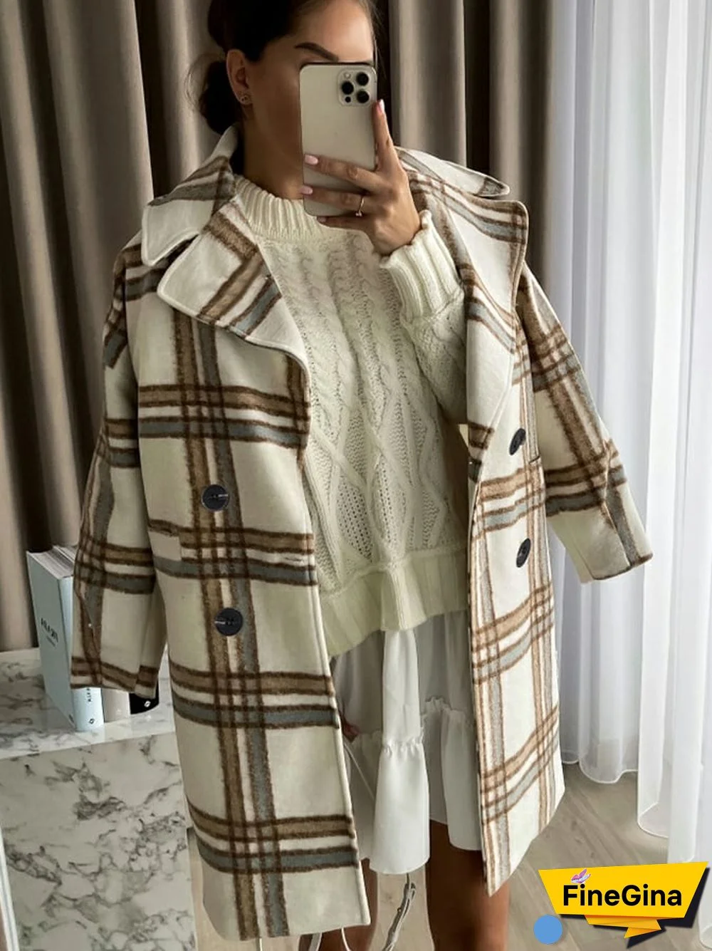 Women's Casual Fashion Plaid Printed Lapel Faux Wool Coat