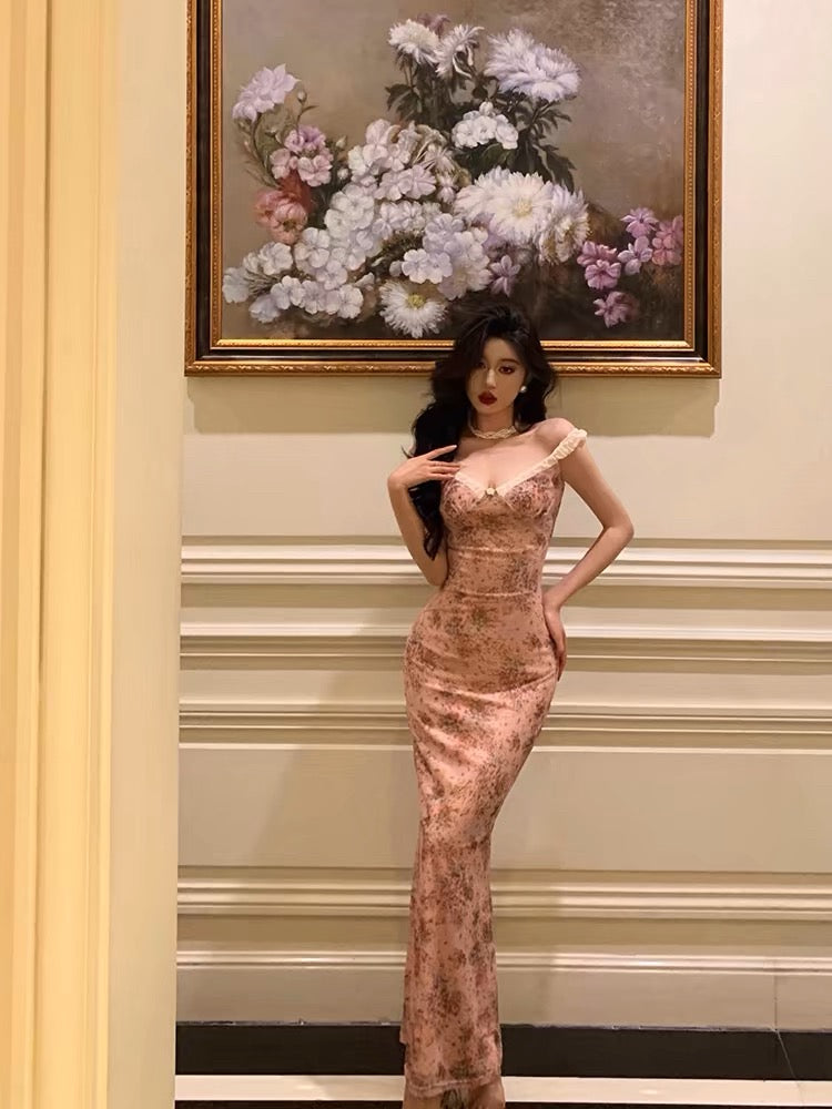 Aiertu - Sexy Sheath Straps Pink Floral Prom Dresses Long Birthday Outfits Evening Gown HOT928 Aiertu