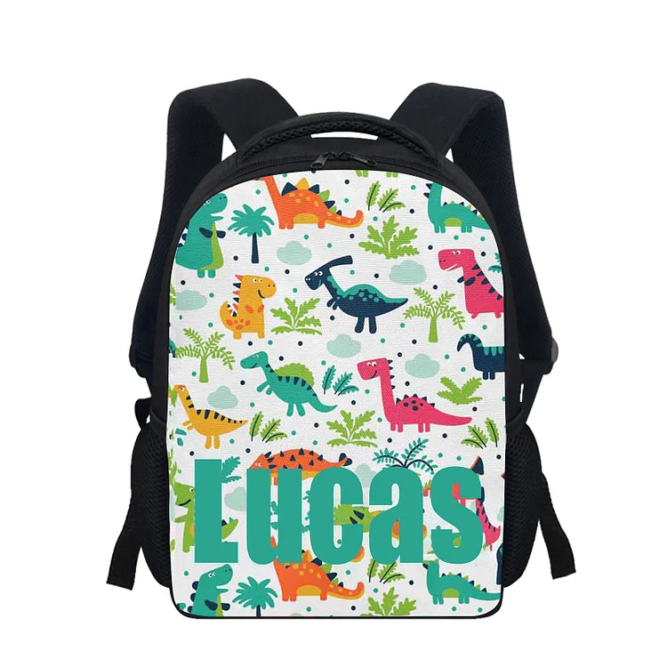 Mochilas-mochila escolar para los niños con un dibujo dinosaurio con nombre personalizado
