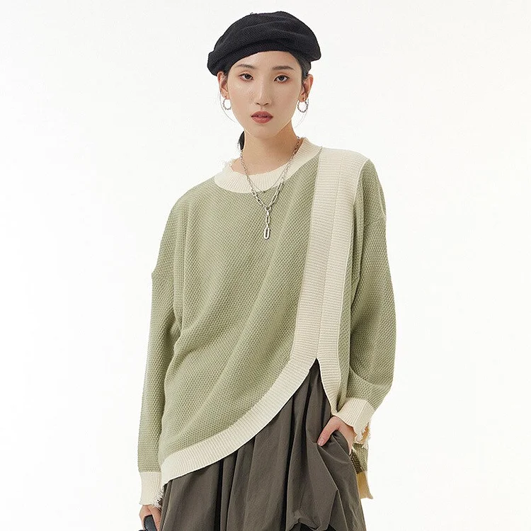 Casual Loose Contrast Color O-neck Irregular Hem Long Sleeve Knitted Sweater