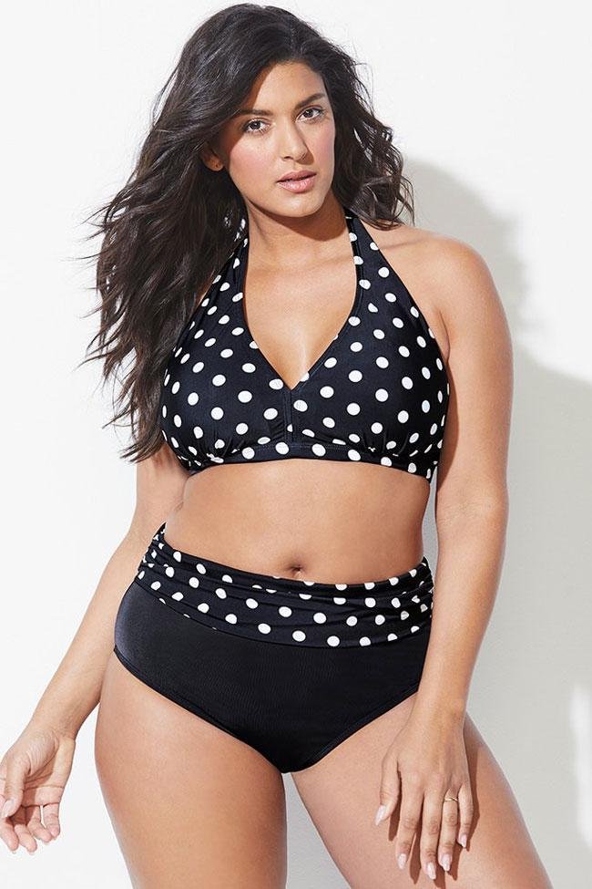 Plus Size Polka Dots High Waist Halter Bikini - Two Piece Swimsuit-elleschic