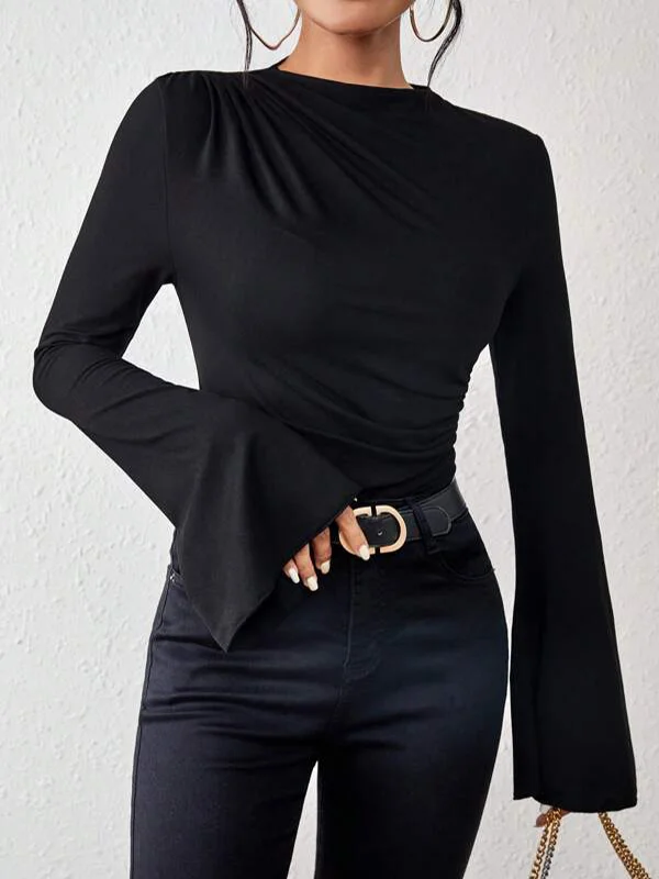 Flared Sleeves Long Sleeves Pleated Solid Color Boat Neck Skinny T-Shirts