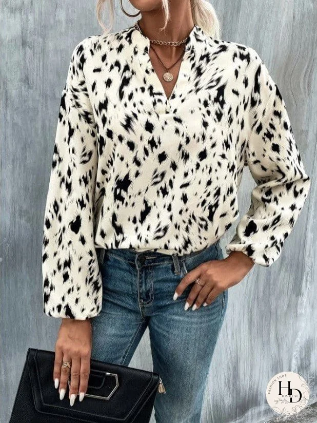 Women's V-Neck Printed Long Sleeve Blouse