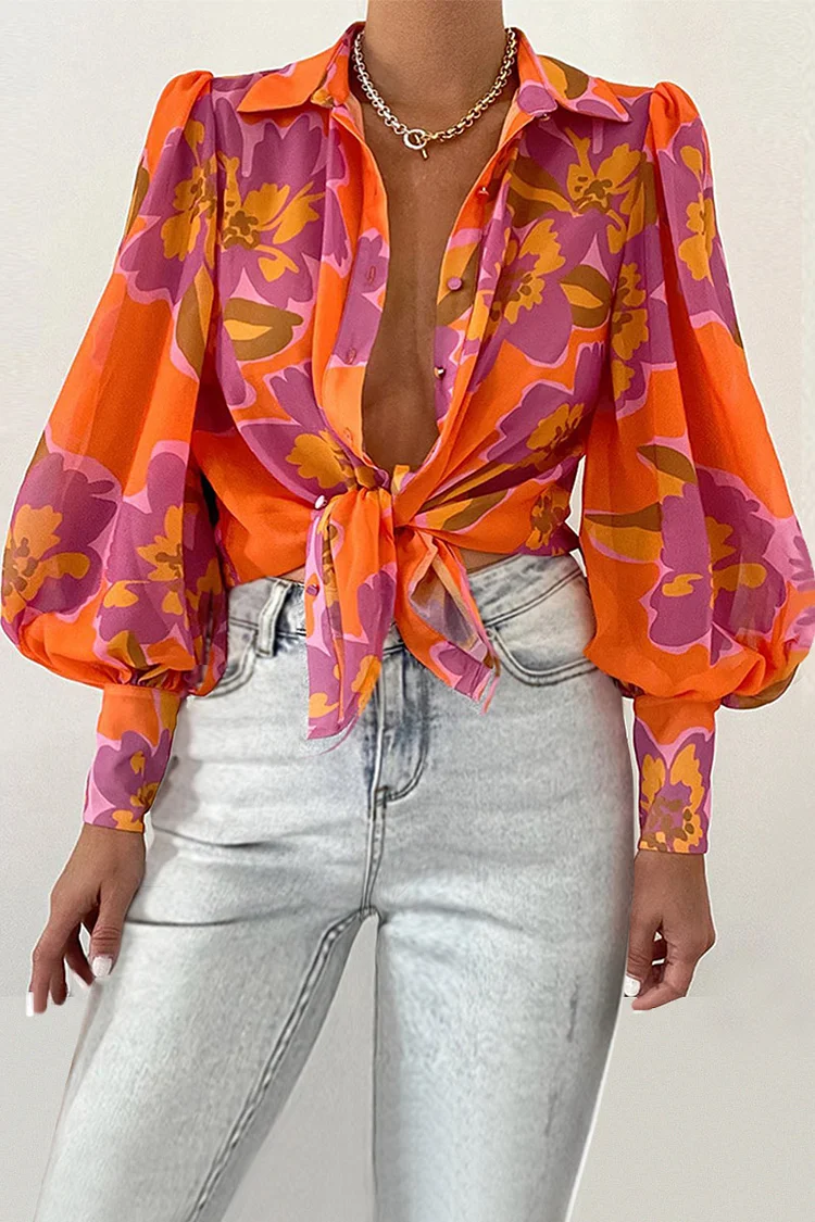 Xpluswear Plus Size Orange Daily Bubble Sleeves Lapel Flower Print Crop Blouses 