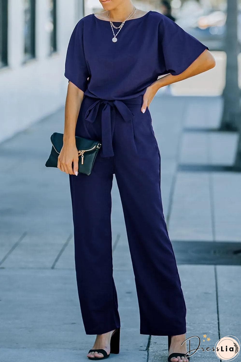 Blue Belted Wide Leg Jumpsuit