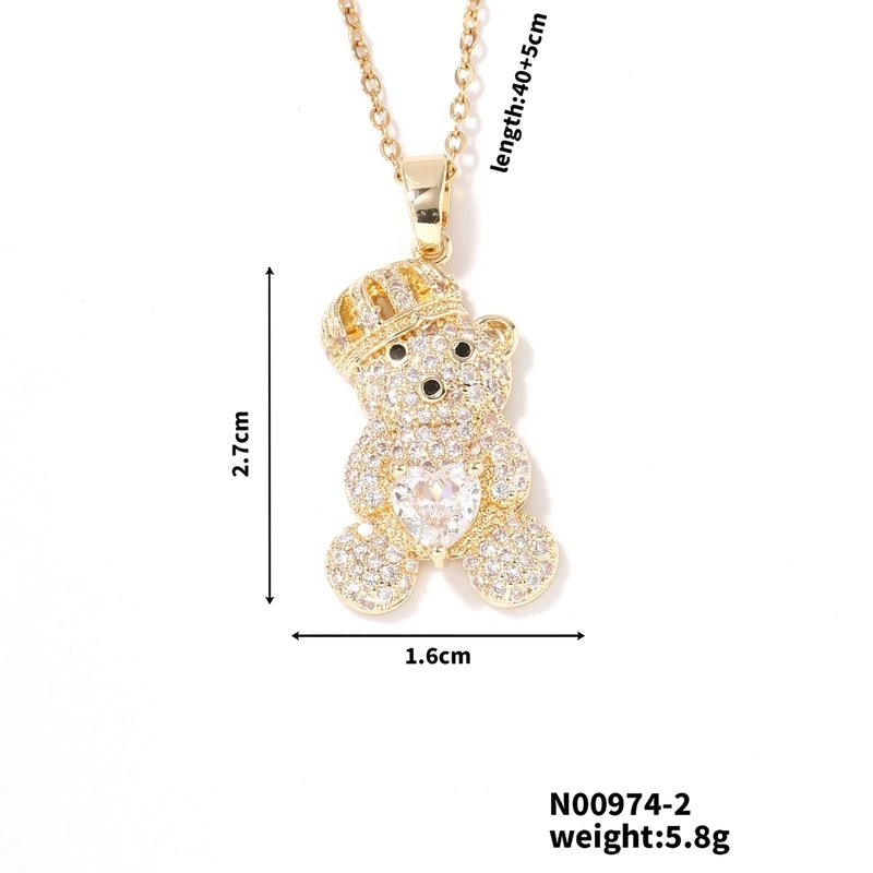 304 Stainless Steel Copper Rhodium Plated Inlay Bear Heart Shape Glass Zircon Pendant Necklace