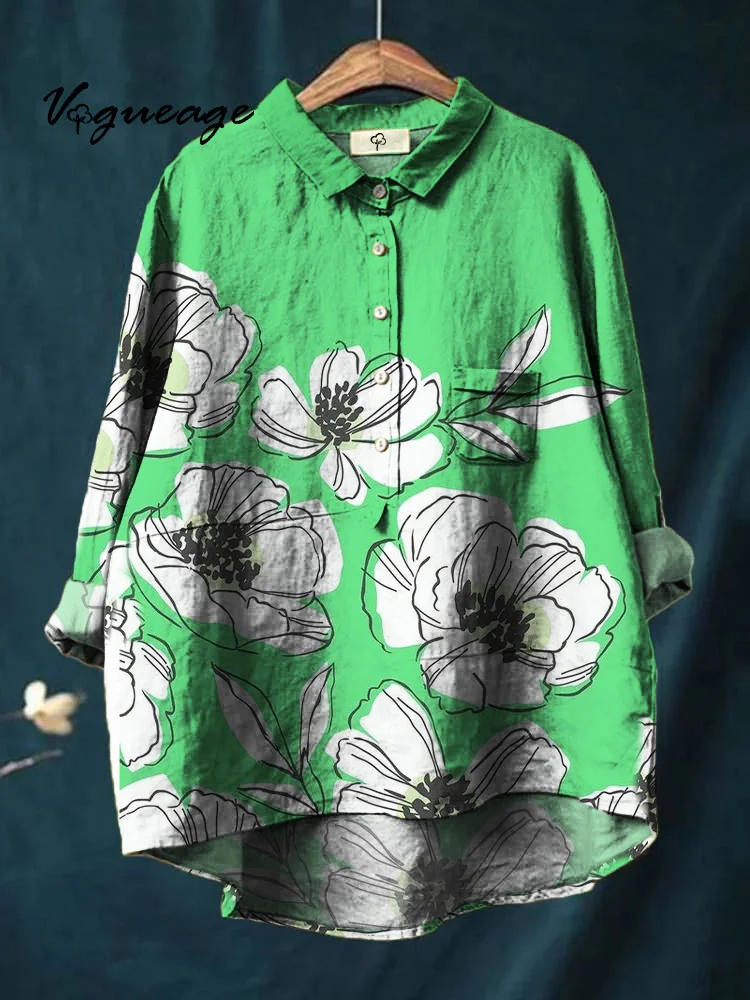 Bright And Colorful Casual Line Flowers Print Cotton And Linen Shirt