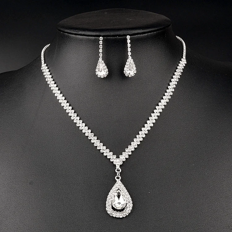 Rhinestone Fringe Necklace Earrings Set Jw002