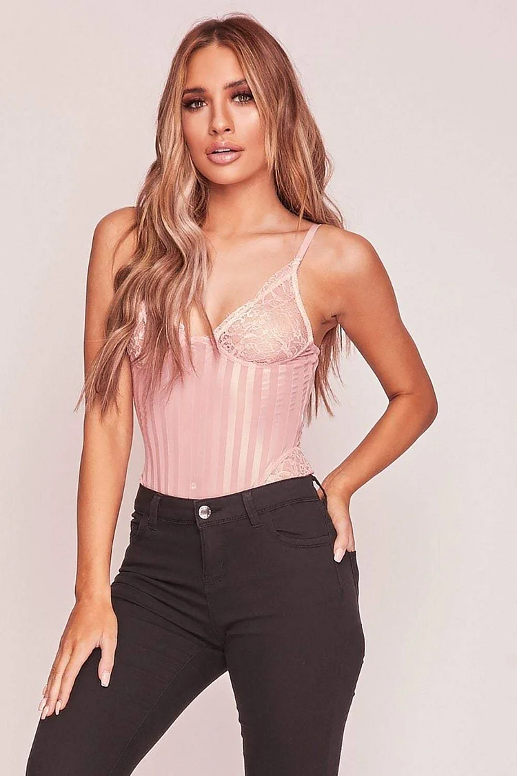 Pink Lace Stripe Bodysuit Katch Me