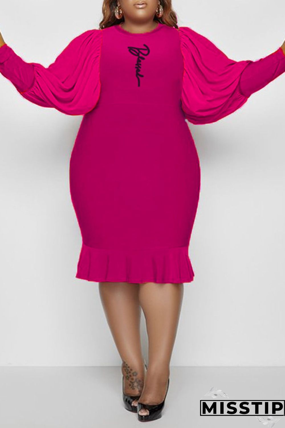 Orange Casual Print Patchwork O Neck Long Sleeve Plus Size Dresses