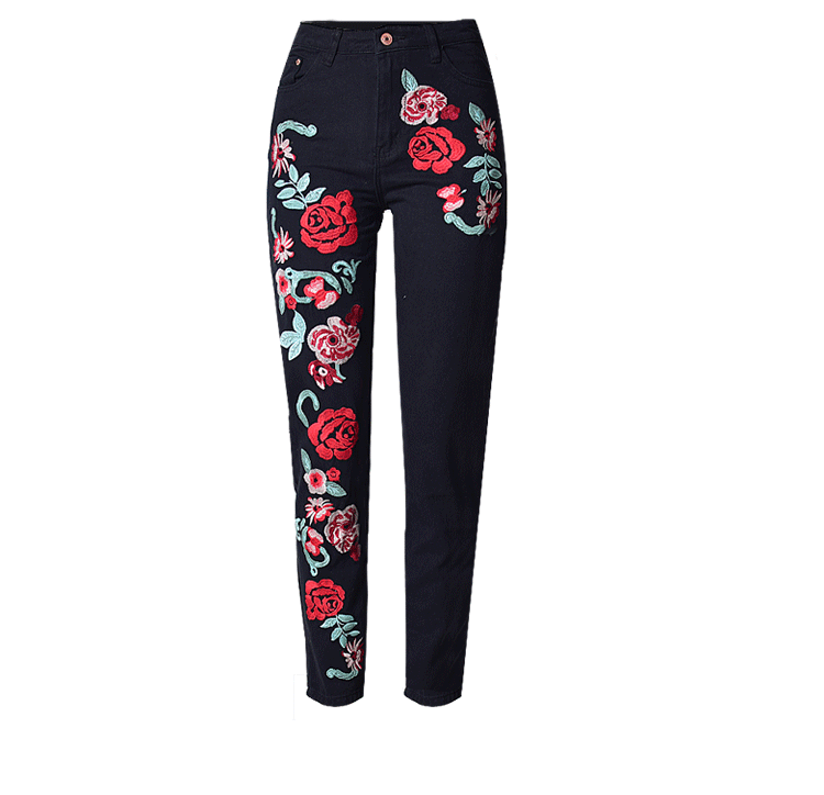 Women's Embroidered Rose Denim Straight Pants