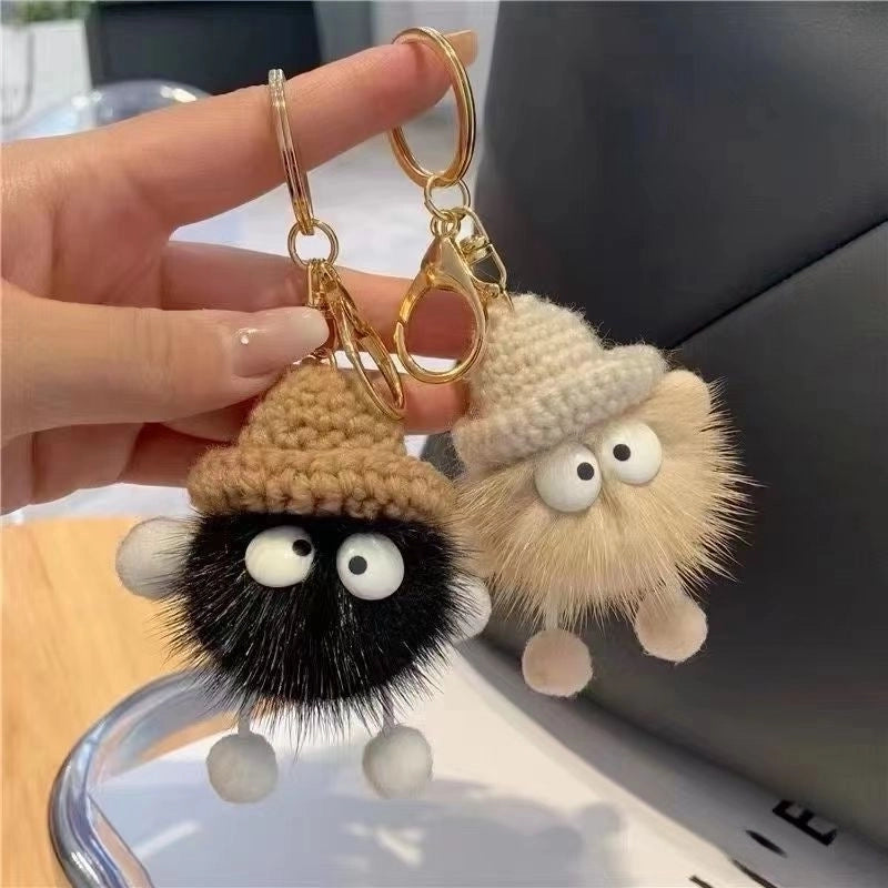 In Stock Mink Fur Rabbit Fur Small Coal Ball Pendant Keychain Internet Popular Doll Monster Sunglasses Cute Bag Pendant