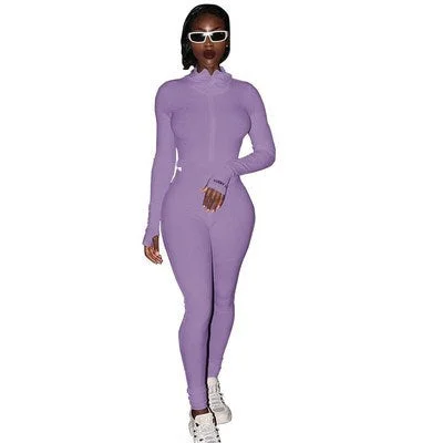 Uveng Zipper Stretch Turtleneck Embroidered Street Hipster Slim Fit Fitness Jumpsuit Yoga Suit