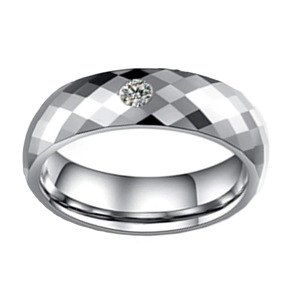 6MM 8MM Silver Tone Multi Faceted Couples Tungsten Wedding Rings With Cubic Zirconia