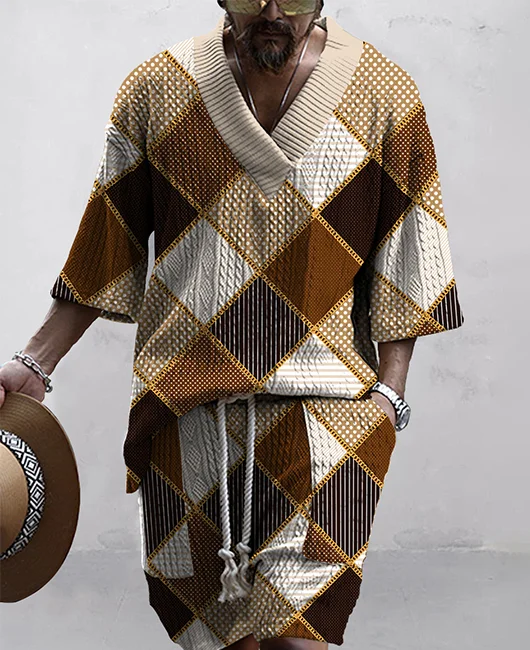 Ethnic Graphic Jacquard V Neck Sweater & Shorts 2Pcs Set 