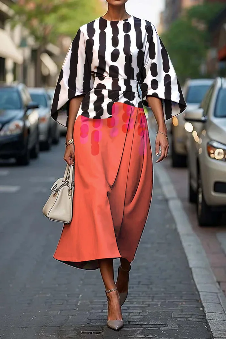Women's Elegant Abstract Art Print Midi Dress