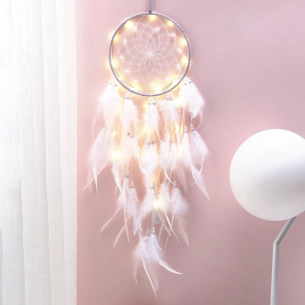 Dream Catcher Feather Ornaments Lace Ribbons Feathers Wrapped Lights Room Decor