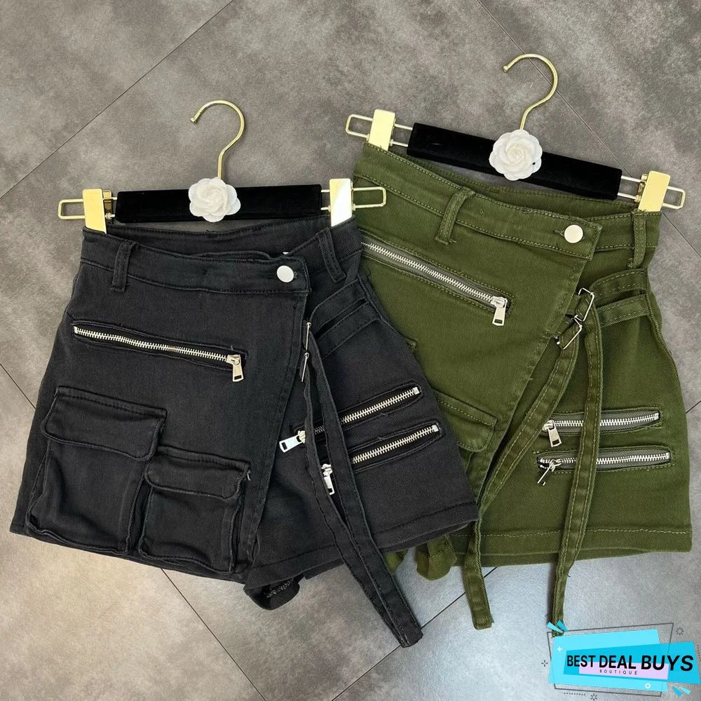 Trendy Cropped Multi Pocket Cargo Shorts Slim Waist Slim Fit Summer Loose Denim Shorts