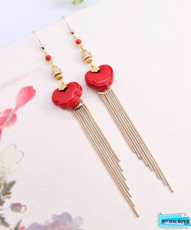 Vogue Red 14K Gold Cinnabar Ruyi Tassel Drop Earrings
