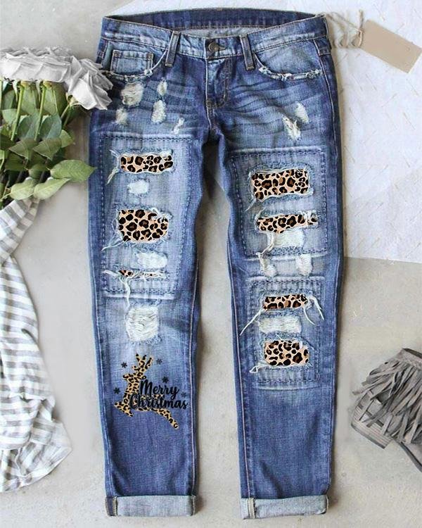 Merry Christmas Elk Leopard Print Jeans