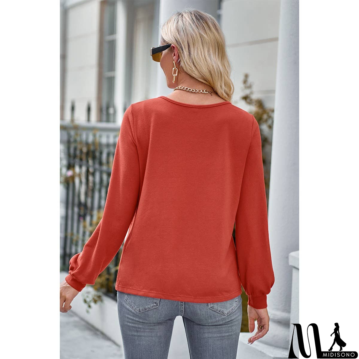 MidiSono - Front Open Button Lace Trim Fit V Neck Top