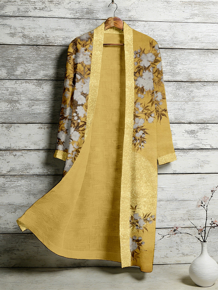 Bright Sunshine Japanese Floral Art Flowy Linen Long Kimono  artssus