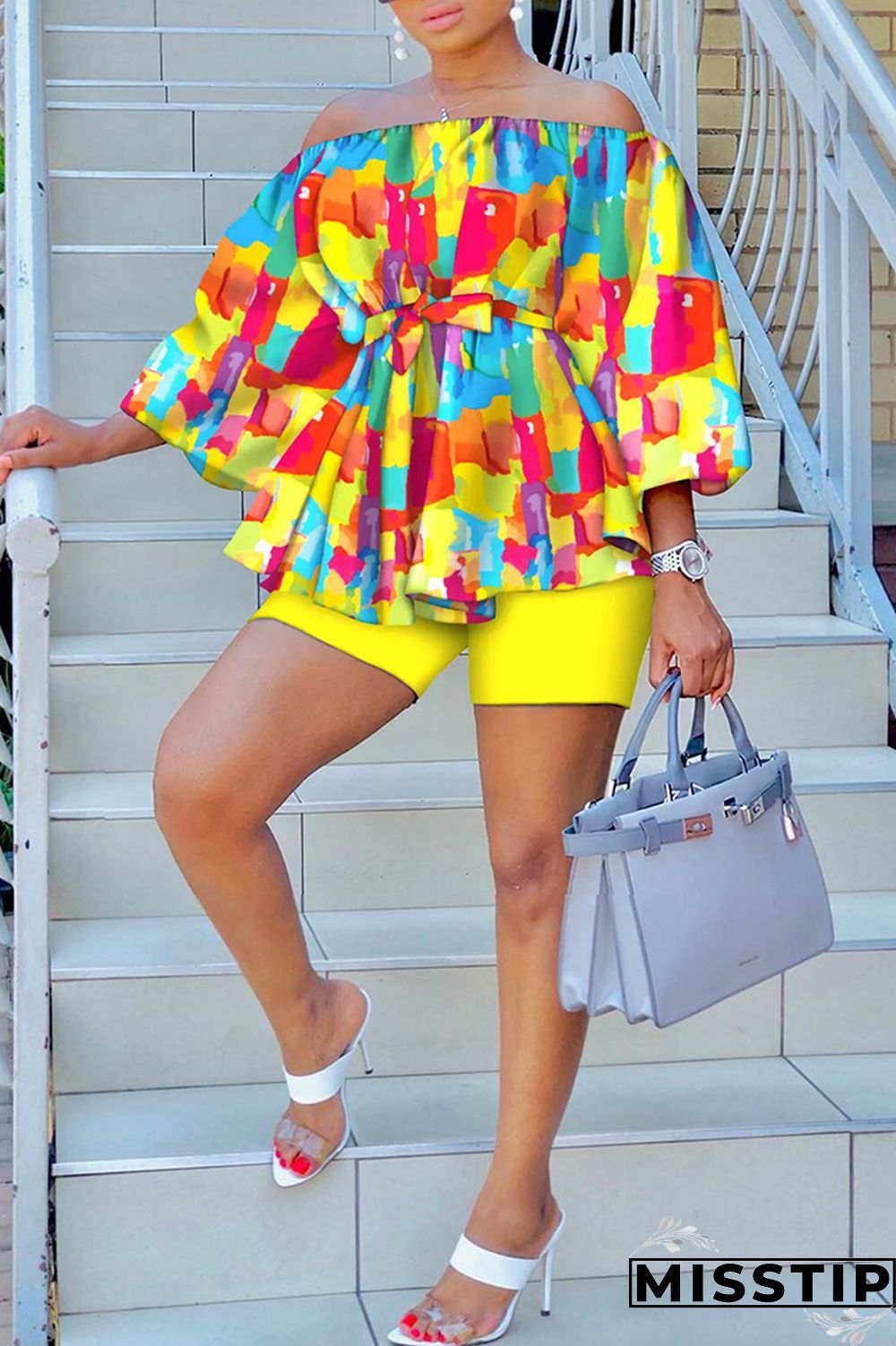Green Yellow Casual Print Patchwork Off the Shoulder Long Sleeve Two Pieces