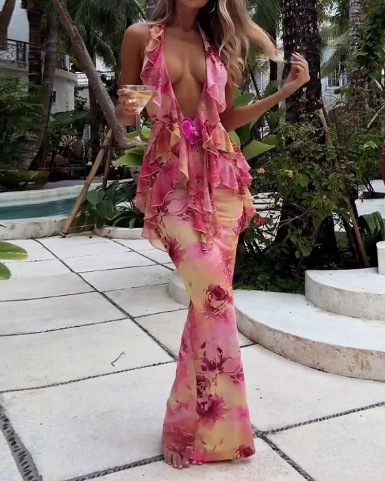Sleeveless ruffled printed dress