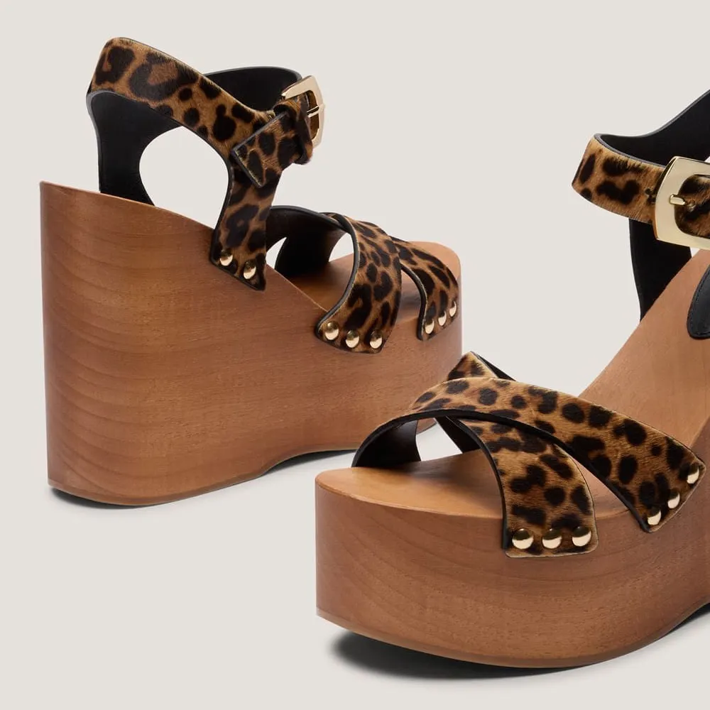 Leopard Faux Fur Open Toe Ankle Strap Wedge Heel Platform Sandals
