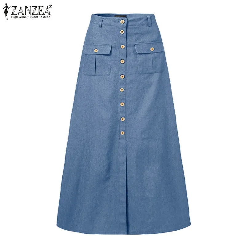 Women Retro Skirts ZANZEA 2022 Summer Denim Blue Long Skirt Casual Solid Split Bottoms Lady A-line Button Up Skirt Oversize