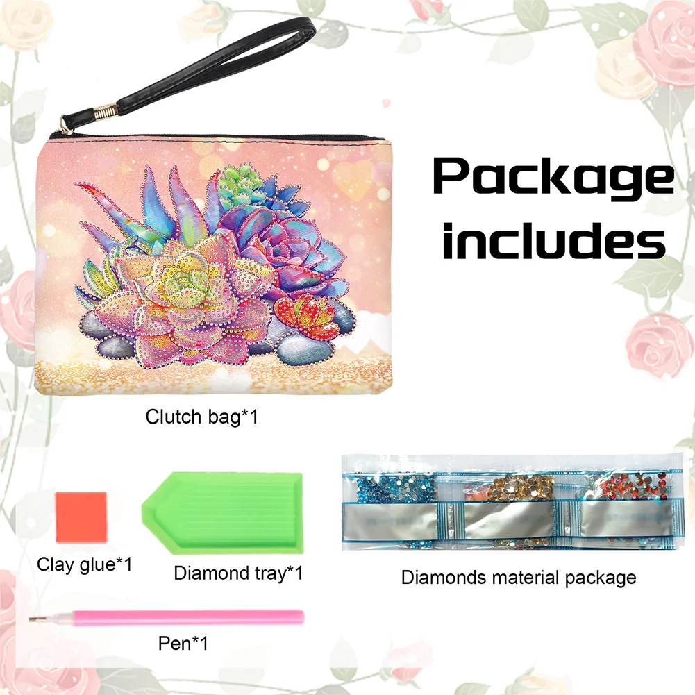 DIY Succulent PU Partial Special Shaped Diamond Painting Wallet Makeup Bag