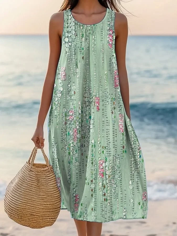 Women's Casual Round Neck Printed Sleeveless Loose Dress 
