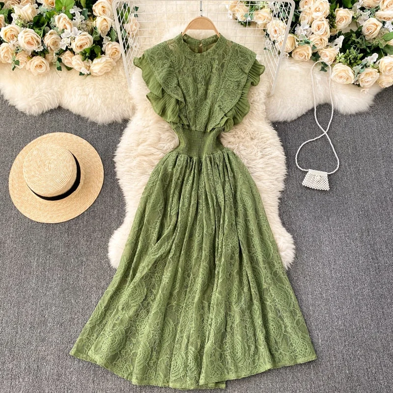 Croysier Dresses For Women 2022 Elegant Office Lady Ruffle Lace Dress Summer Clothes Sleeveless Round Neck Vintage Midi Dress