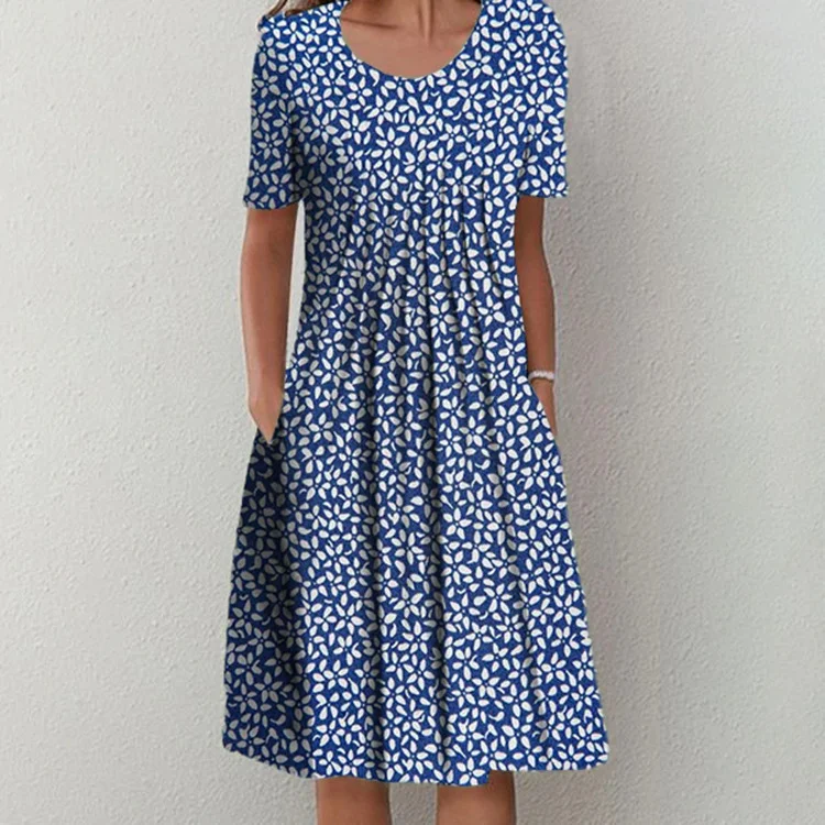 VChics Women Floral Round Neck Short Sleeve Pocket Midi Dress