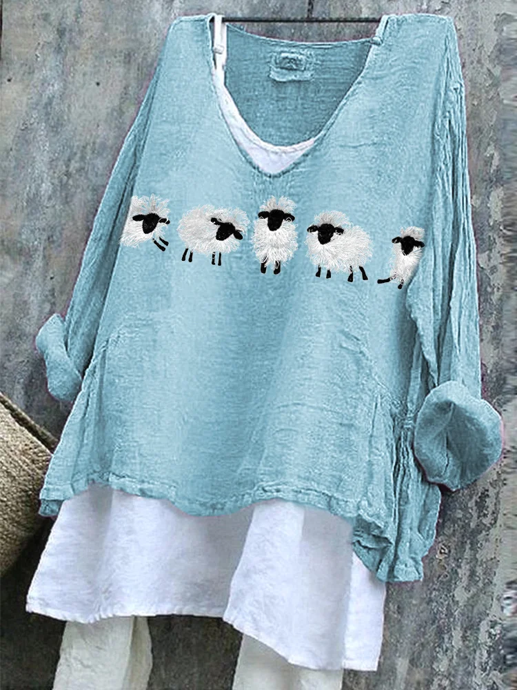 Wearshes Fuzzy Sheep Fringed Embroidery Pattern Linen Shirt