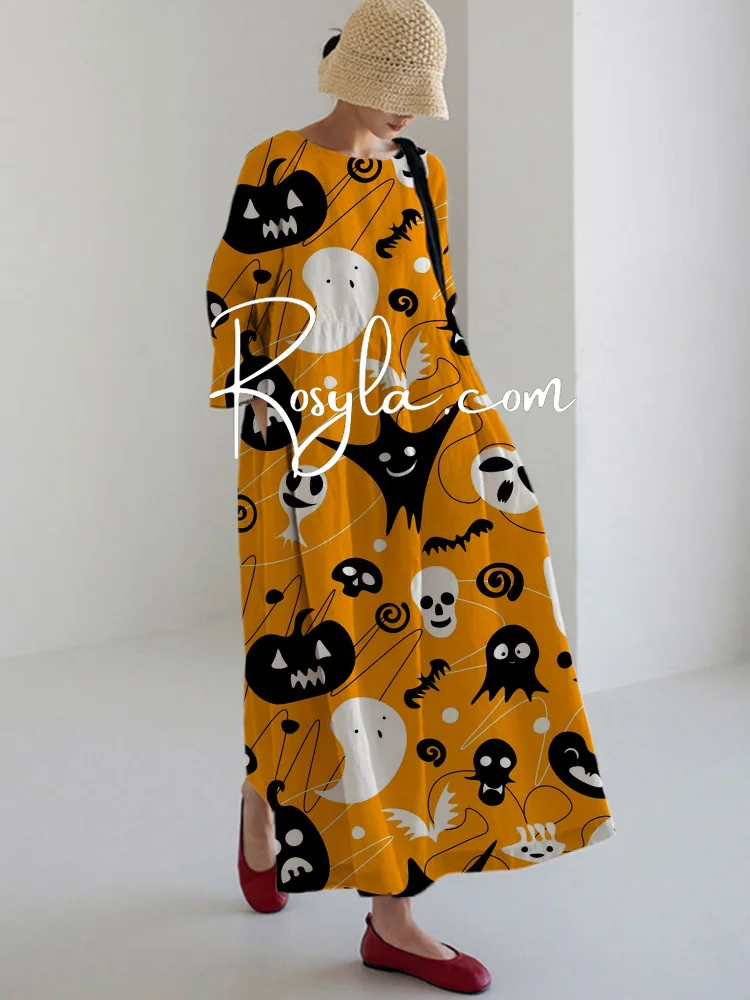 Women's Halloween Elements Printing Long Sleeve Midi Dress