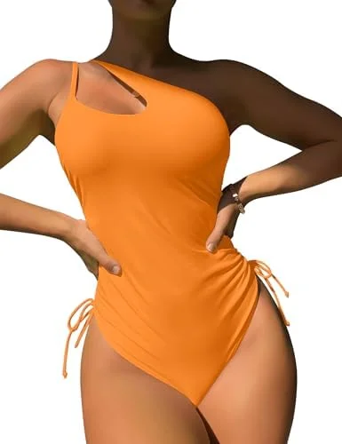 One Shoulder High Cut Tie Side Drawstring Swimsuits