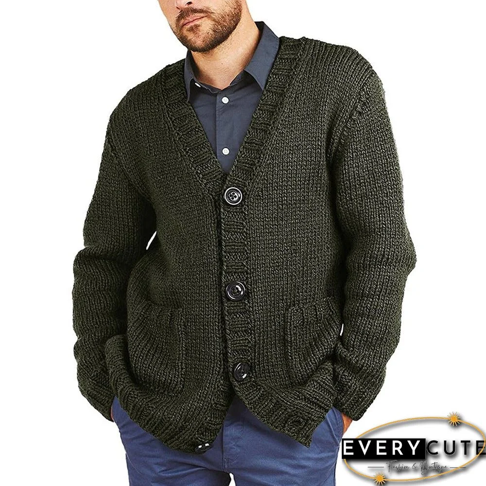 Sweater Cardigan Men's Solid Color V-Neck Long Sleeve Knitted Coat