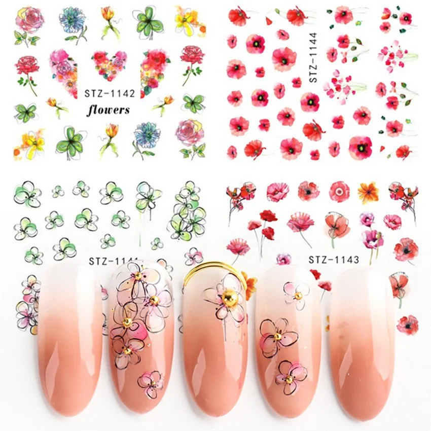 Nail Stickers Water Transfer Sketchs Flower Designs 4Pcs/Set Nail Decal Decoration Tips For Beauty Salons-Nail Inspo