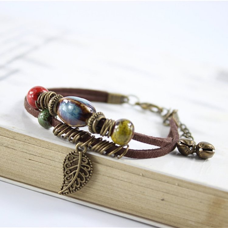 Vintage Handmade Leaf Ceramics Beads Bracelet