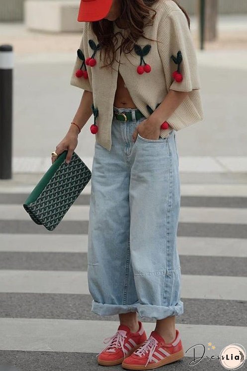 Meridress Short Sleeves Button Up Cherry Decorative Knit Sweater