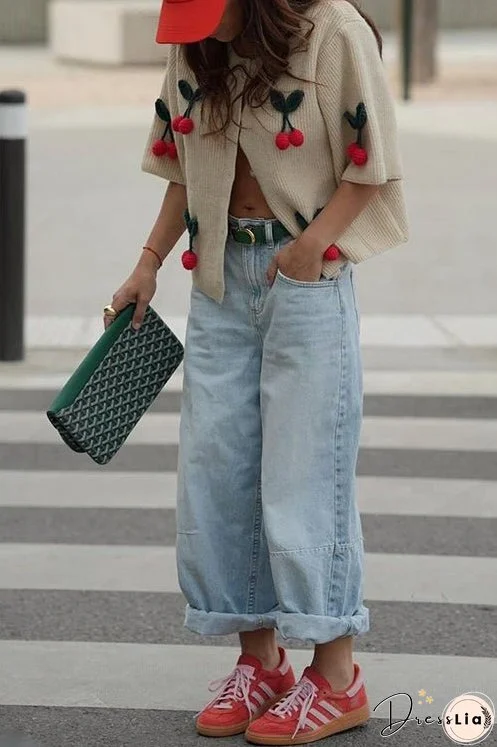 Meridress Short Sleeves Button Up Cherry Decorative Knit Sweater