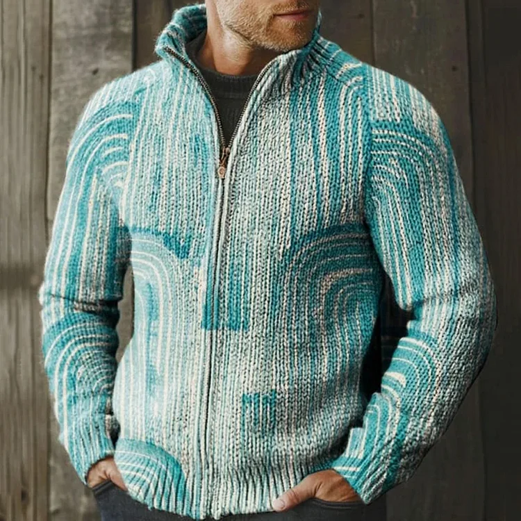 Men's Retro Geometric Contrast Zip Sweater
