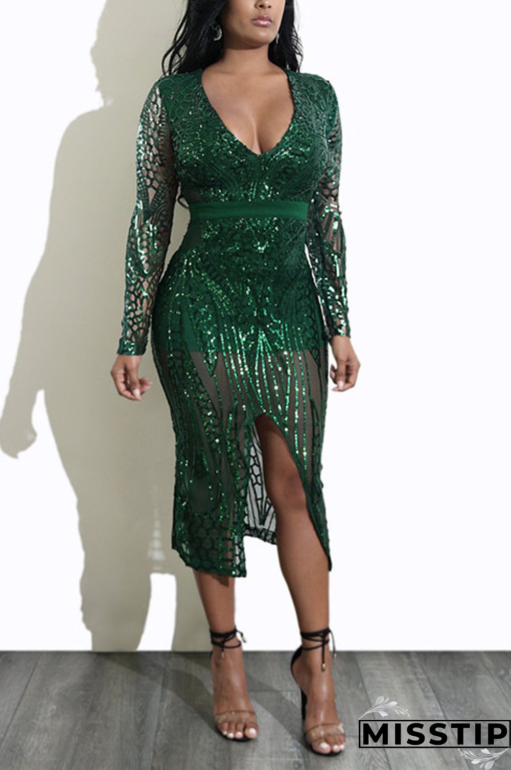 Dark green Fashion Sexy Long Sleeve Dress