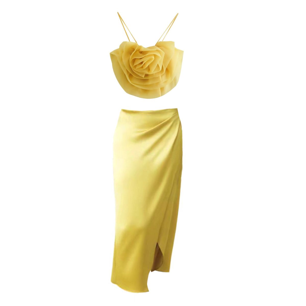 2025 New 3D Flowers Tulle Suspender Tube Top Yellow Two Piece Set