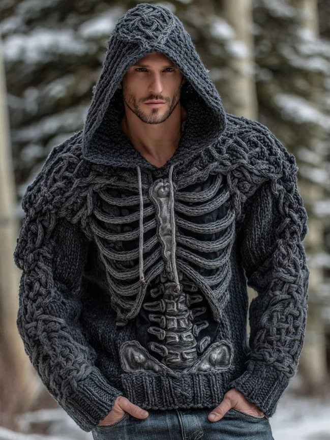 Men's Retro Viking Tribal Celtic Skull Art Knit Jacquard Warm Sweater