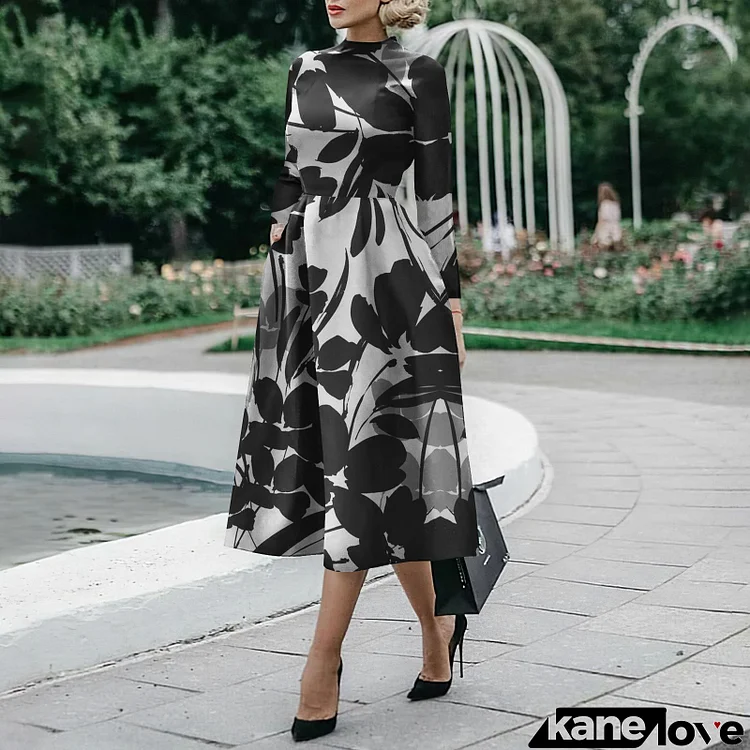 Women Vintage Elegant Color Blocking Long Sleeve Defined Waist Swing Midi Dress