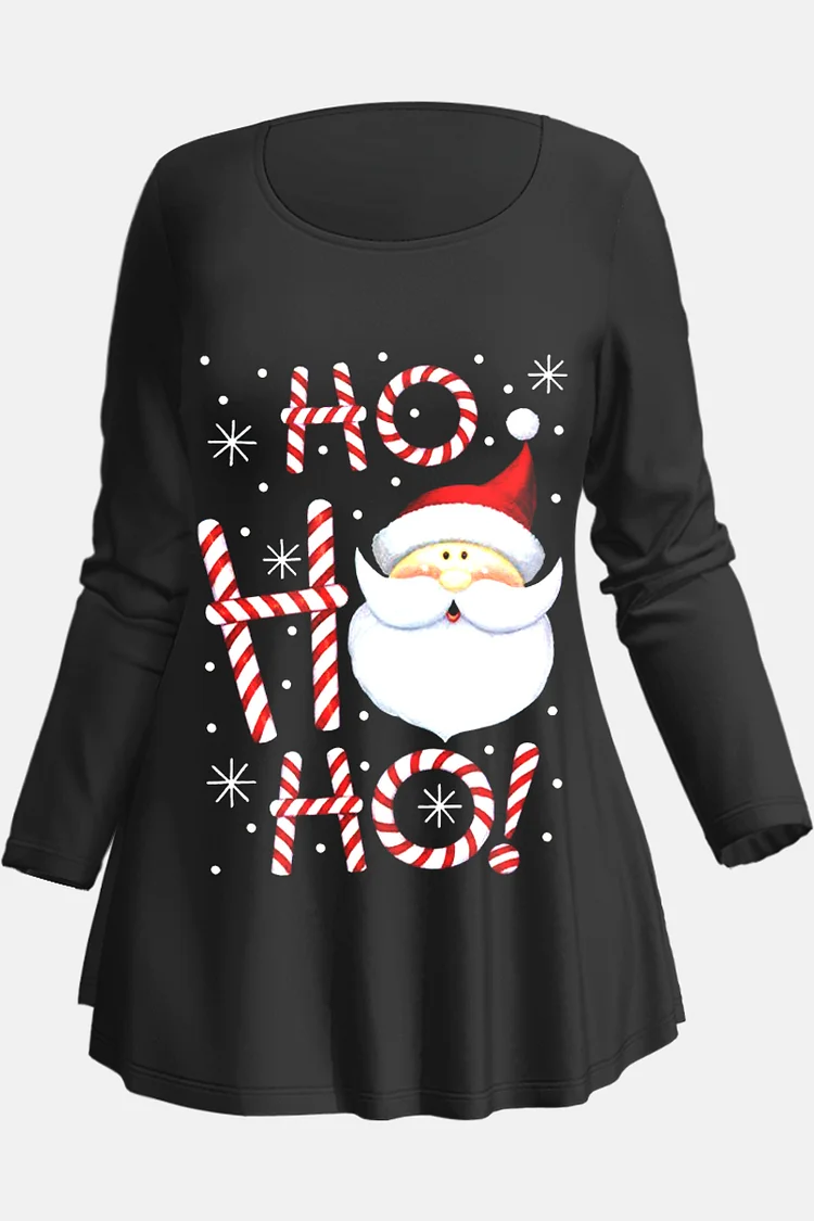Flycurvy Plus Size Christmas Casual Black Santa Claus Snowflake Print Long Sleeve T-Shirt  Flycurvy [product_label]
