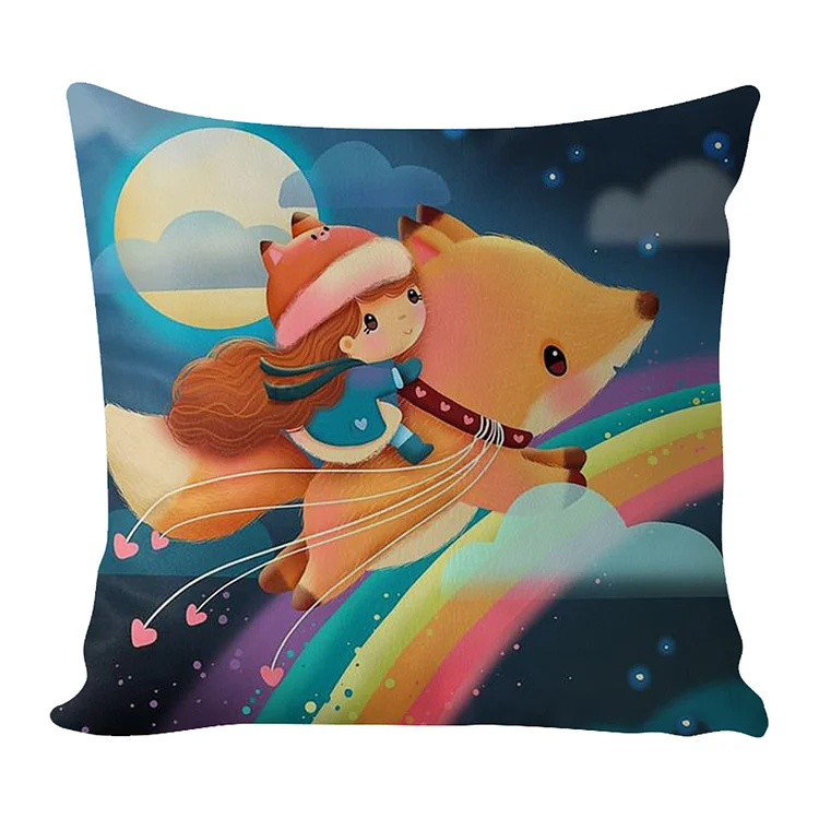 Pillow-Fox And Girl 11CT Stamped Cross Stitch 45*45CM(17.72*17.72in)